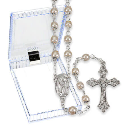 5mm White Capped Imitation Pearl Glass Bead Rosary Boxed 18 1/2" Quantity of 10