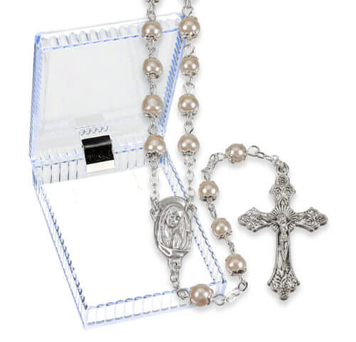 5mm White Capped Imitation Pearl Glass Bead Rosary Boxed 18 1/2" Quantity of 10