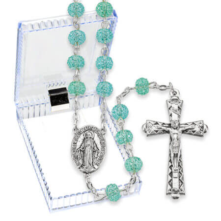 6mm Round Light Blue Crystal Textured Bead Rosary in a Plastic Hinged Box 20 1/2" Quantity of 10