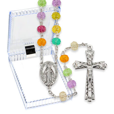 6mm Round Multiticolor Crystal Textured Bead Rosary in a Plastic Hinged Box 20" Quantity of 10