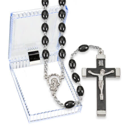 18" Black Oval Bead Rosary Boxed Quantity of 10