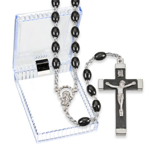 18" Black Oval Bead Rosary Boxed Quantity of 10