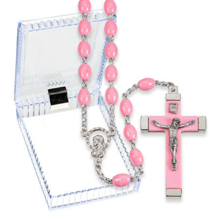 18" Pink Oval Plastic Bead Rosary Boxed Quantity of 10
