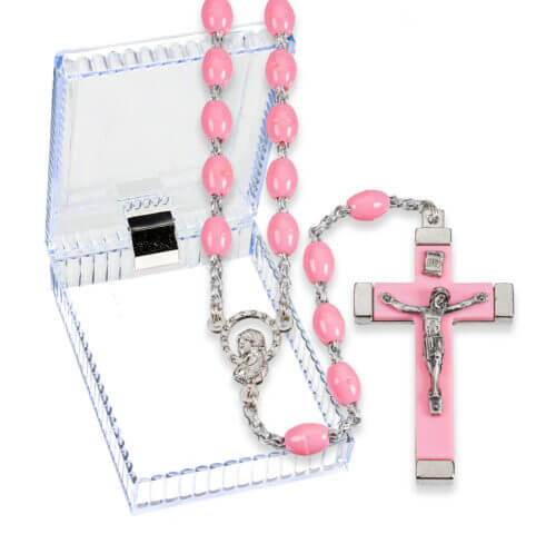 18" Pink Oval Plastic Bead Rosary Boxed Quantity of 10