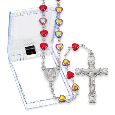 Red Iridescent Heart Shaped Bead Rosary 19" in Box  Quantity of 10