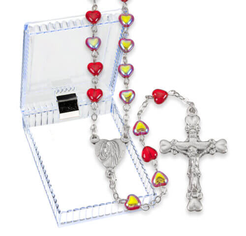 Red Iridescent Heart Shaped Bead Rosary 19" in Box  Quantity of 10