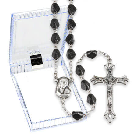 Black Wood Triangular Bead Rosary in a Plastic Hinged Box 19" Quantity of 10