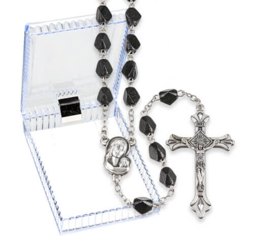 Black Wood Triangular Bead Rosary in a Plastic Hinged Box 19" Quantity of 10