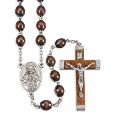 Natural Wood Oval Bead Rosary in a Grey Velvet Box 21"