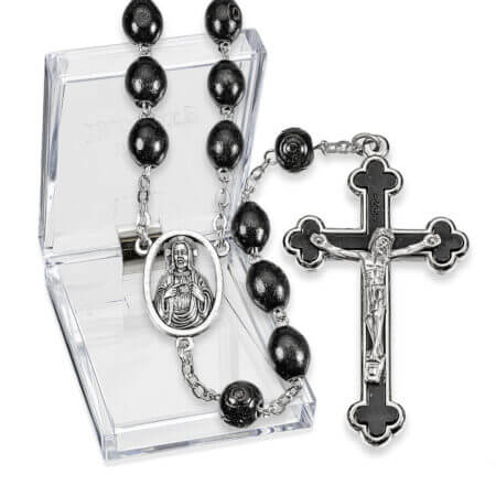 10mm Oval Black Wood Bead Rosary 23 1/2" Boxed Quantity of 10