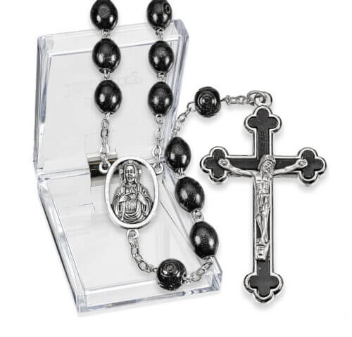 10mm Oval Black Wood Bead Rosary 23 1/2" Boxed Quantity of 10