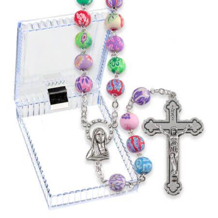 8mm Round Multicolor Floral Bead Rosary Boxed 20" Quantity of 10