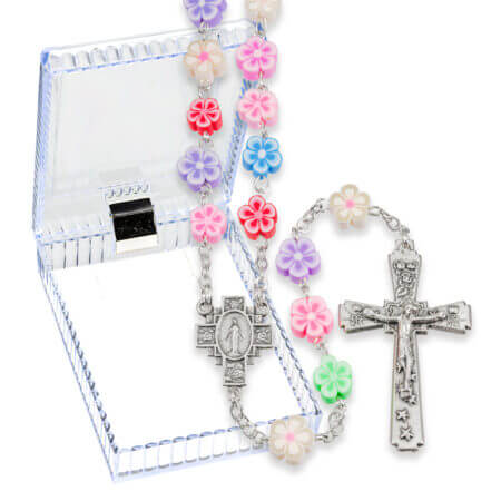 8mm Multicolor Flower Shaped Bead Rosary Boxed 22" Quantity of 10