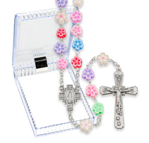 8mm Multicolor Flower Shaped Bead Rosary Boxed 22" Quantity of 10