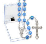 8mm Blue Floral Shape Bead Rosary in Clear Hinged Box 22" Quantity of 10