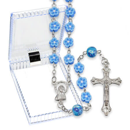 8mm Blue Floral Shape Bead Rosary in Clear Hinged Box 22" Quantity of 10