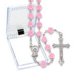8mm Pink Floral Shape Bead Rosary, Boxed 21 3/4" Quantity of 10