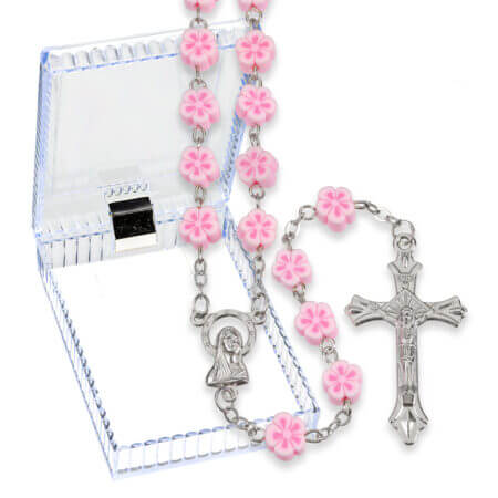 8mm Pink Floral Shape Bead Rosary, Boxed 21 3/4" Quantity of 10