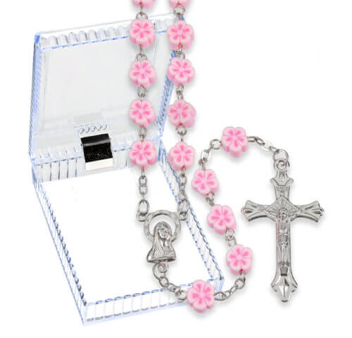 8mm Pink Floral Shape Bead Rosary, Boxed 21 3/4" Quantity of 10