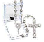 6mm Silver Heart Shaped Bead Rosary in a Plastic Hinged Box  18 1/2" Quantity of 10