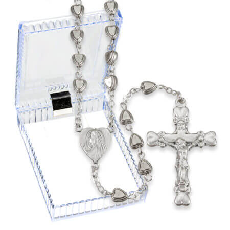 6mm Silver Heart Shaped Bead Rosary in a Plastic Hinged Box  18 1/2" Quantity of 10