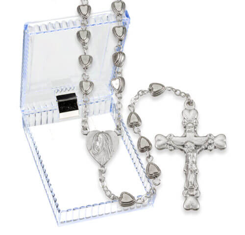 6mm Silver Heart Shaped Bead Rosary in a Plastic Hinged Box  18 1/2" Quantity of 10