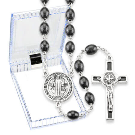 7" x 9" Black Wood Benedictine Rosary in a Plastic Hinged Box Quantity of 10