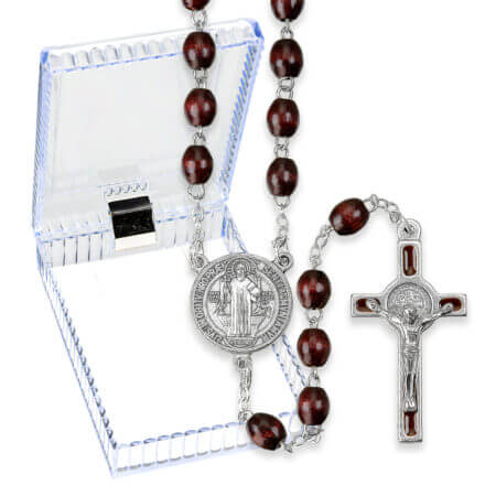 7" x 9" Brown Wood Benedictine Rosary in a Plastic Hinged Box Quantity of 10