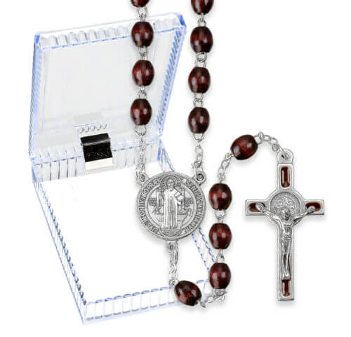 7" x 9" Brown Wood Benedictine Rosary in a Plastic Hinged Box Quantity of 10