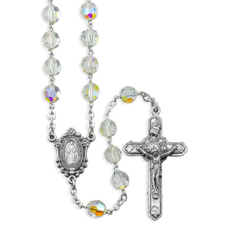 7mm Crystal Aurora Borealis Beads Rosary with Deluxe Oxidized Centerpiece and Crucifix in Grey Velvet Box