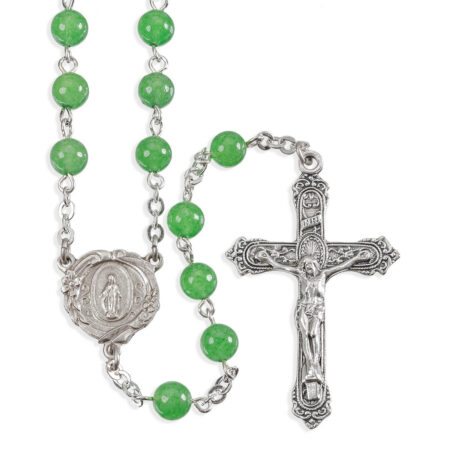6mm Light Aquamarine Beaded Rosary in Grey Velvet Box 20 1/4"