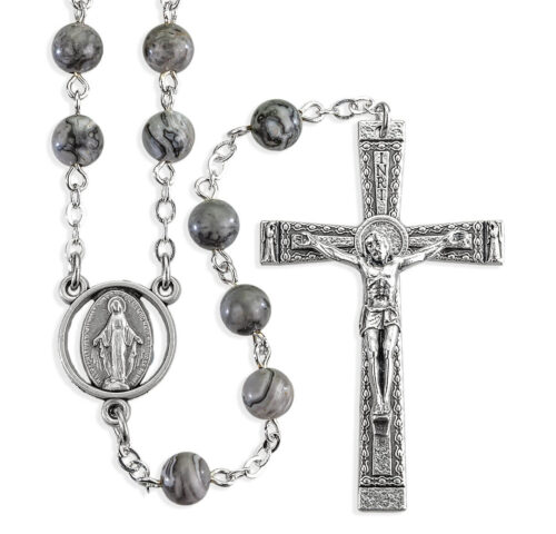 6mm Gray Lime Stone Rosary Boxed