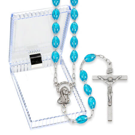 Aqua Oval Plastic Bead Rosary Boxed 18 1/4" Quantity of 10.