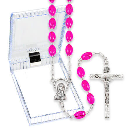 Pink Oval Plastic Bead Rosary Boxed Quantity of 10