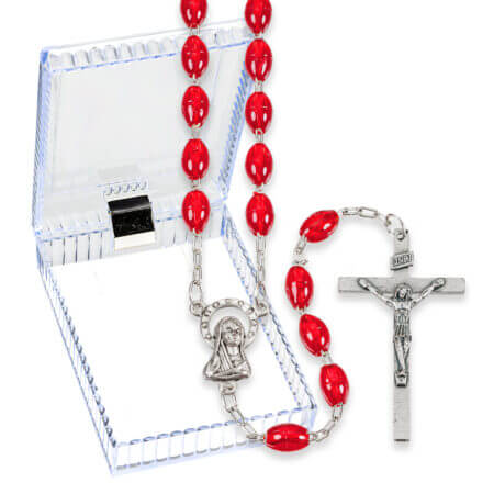 Red Oval Plastic Bead Rosary Boxed 18" Quantity of 10