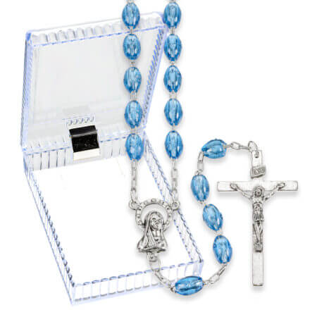 Blue Oval Plastic Bead Rosary in a Plastic Hinged Box 18" Quantity of 10