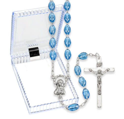 Blue Oval Plastic Bead Rosary in a Plastic Hinged Box 18" Quantity of 10