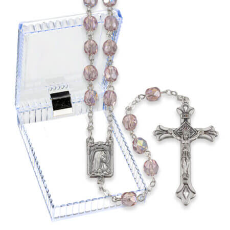 6mm Amethyst Multi Faceted Glass Bead Rosary with Detailed Center and Fancy Crucifix in a Plastic Hinged Box 19" Quantity of 10