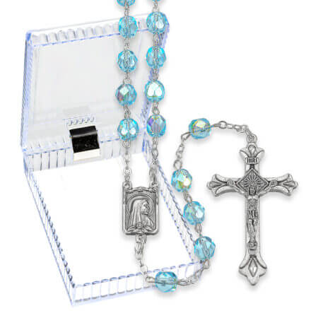 6mm Aqua Multi Faceted Glass Bead Rosary with Detailed Center and Fancy Crucifix in a Plastic Hinged Box 19" Quantity of 10