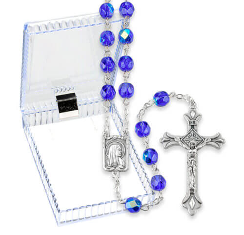 7mm Dark Blue Crystal Bead Rosary w/ Antique Silver Finish Crucifix and Center Italy 19" Boxed Quantity of 10