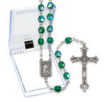 6mm Emerald Multi Faceted Glass Bead Rosary with Detailed Center and Fancy Crucifix Boxed 19 1/2" Quantity of 10