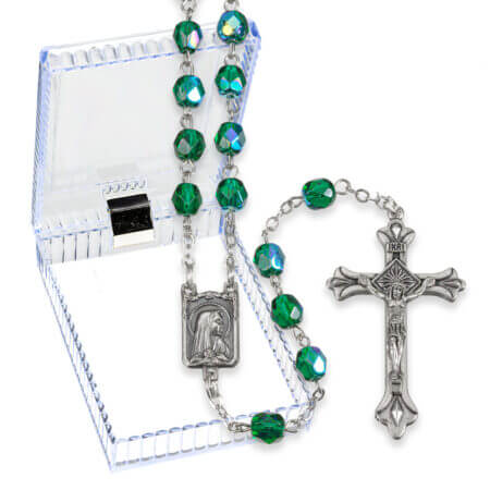 6mm Emerald Multi Faceted Glass Bead Rosary with Detailed Center and Fancy Crucifix Boxed 19 1/2" Quantity of 10