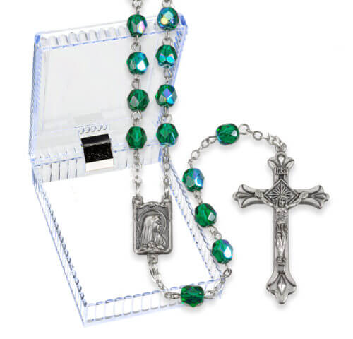 6mm Emerald Multi Faceted Glass Bead Rosary with Detailed Center and Fancy Crucifix Boxed 19 1/2" Quantity of 10