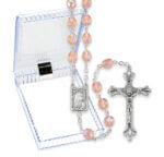 6mm Pink Crystal Multi Faceted Glass Bead Rosary with Detailed Center and Fancy Crucifix Boxed  19".  Quantity of 10
