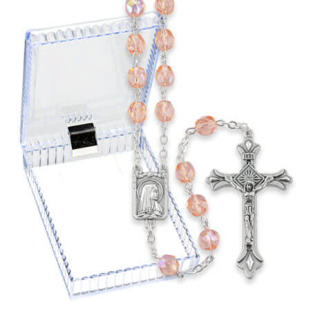 6mm Pink Crystal Multi Faceted Glass Bead Rosary with Detailed Center and Fancy Crucifix Boxed  19".  Quantity of 10