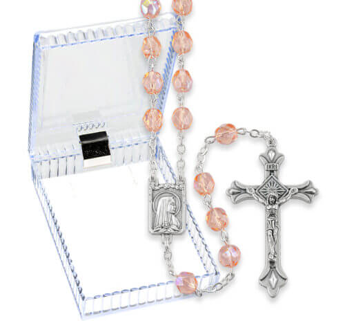 6mm Pink Crystal Multi Faceted Glass Bead Rosary with Detailed Center and Fancy Crucifix Boxed  19".  Quantity of 10