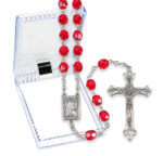 6mm Ruby Multi Faceted Glass Bead Rosary with Detailed Center and Fancy Crucifix Boxed Quantity of 10
