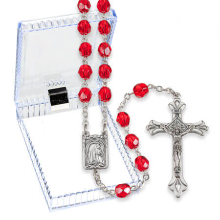 6mm Ruby Multi Faceted Glass Bead Rosary with Detailed Center and Fancy Crucifix Boxed Quantity of 10
