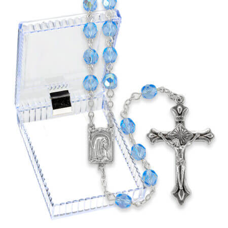 Blue Crystal Bead Rosary in a Plastic Hinged Box 19 1/4" Quantity of 10