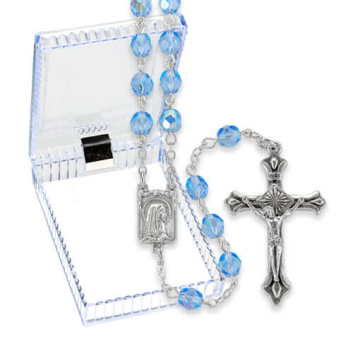 Blue Crystal Bead Rosary in a Plastic Hinged Box 19 1/4" Quantity of 10